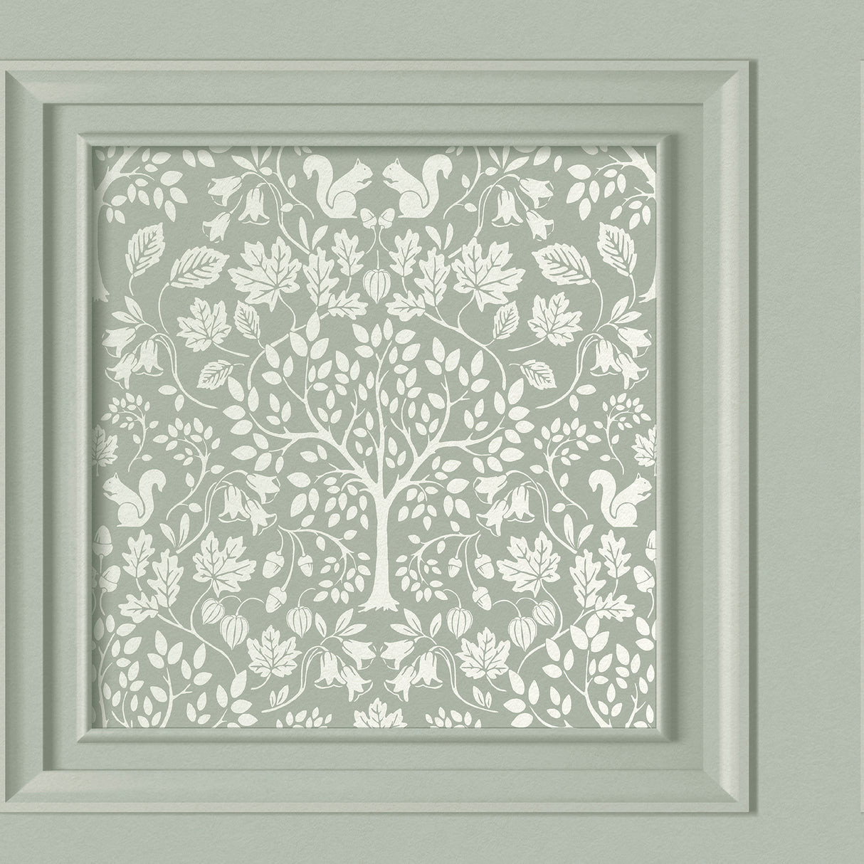 Fine Decor Edwina Sage Woodland Panel wallpaper roll and room scene