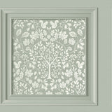 Fine Decor Edwina Sage Woodland Panel wallpaper roll and room scene