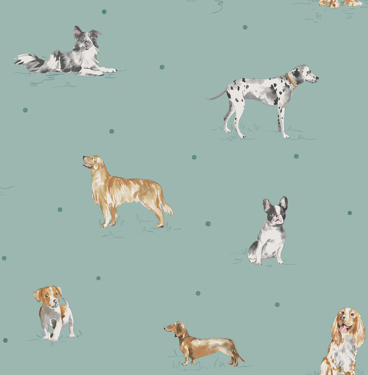 Fine Decor Delmar Blue Painted Dogs Wallpaper roll with whimsical illustrated dogs on pale blue ground