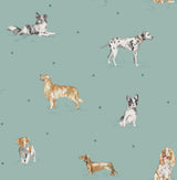 Fine Decor Delmar Blue Painted Dogs Wallpaper roll with whimsical illustrated dogs on pale blue ground