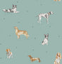 Fine Decor Delmar Blue Painted Dogs Wallpaper roll with whimsical illustrated dogs on pale blue ground