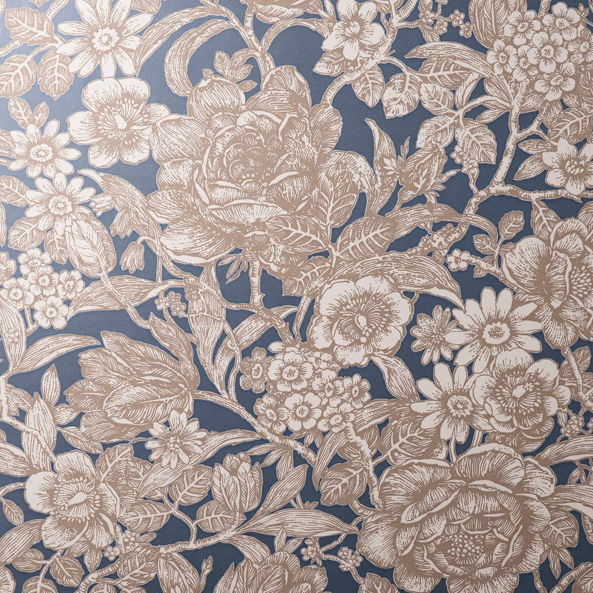 Fine Decor Hedgerow Navy Floral Trails Wallpaper roll and room setting