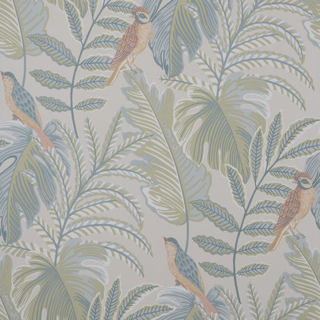 Fine Decor Cleo Pastel Tropical Wallpaper roll showing pastel leaves and birds pattern