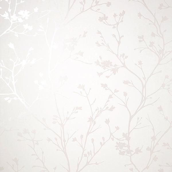 Cosima White Sprig wallpaper by Fine Decor – detail of glossy dove branches on white.