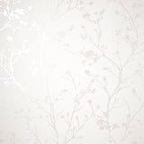 Cosima White Sprig wallpaper by Fine Decor – detail of glossy dove branches on white.