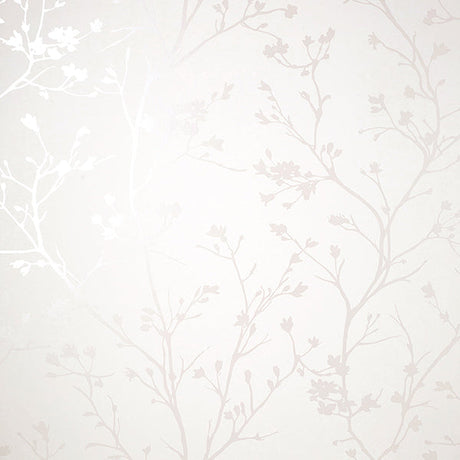 Cosima White Sprig wallpaper by Fine Decor – detail of glossy dove branches on white.