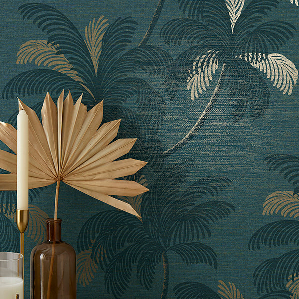 Jones Teal by Fine Decor Palm Tree Wallpaper – Brewster Home Fashions FD43789