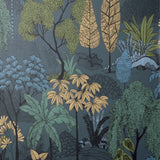 Fine Decor Lilou Navy Tropical Island Wallpaper detail showing tropical trees and foliage on denim-blue ground
