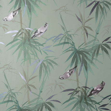 Fine Decor Zella Green Bamboo Wallpaper FD43795 with birds on sage green background