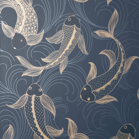 Fine Decor Dashiell Navy Decorative Fish Wallpaper close-up of koi fish pattern on navy background