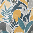 Marisol Yellow Artistic Leaf wallpaper with abstract botanical leaves in blue, yellow, and grey