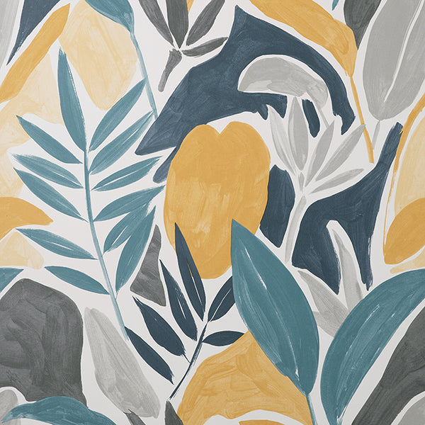Marisol Yellow Artistic Leaf wallpaper with abstract botanical leaves in blue, yellow, and grey