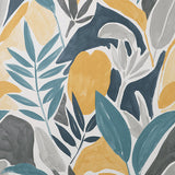 Marisol Yellow Artistic Leaf wallpaper with abstract botanical leaves in blue, yellow, and grey