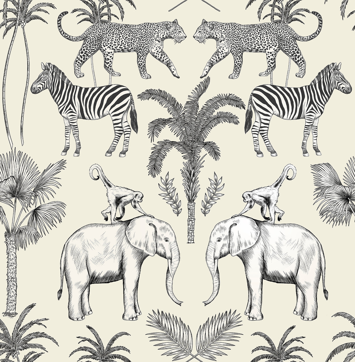 Fine Decor Nauman Safari Walk wallpaper in eggshell with elephants, zebras, leopards and palm trees