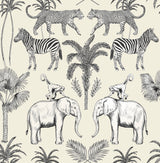 Fine Decor Nauman Safari Walk wallpaper in eggshell with elephants, zebras, leopards and palm trees
