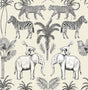 Fine Decor Nauman Safari Walk wallpaper in eggshell with elephants, zebras, leopards and palm trees