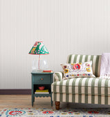 Fine Decor Chirico Lavender Ticking Stripe Wallpaper roll and room view
