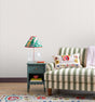 Fine Decor Chirico Lavender Ticking Stripe Wallpaper roll and room view