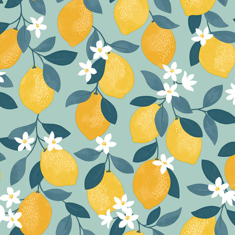 Fine Decor Inigo Seafoam Sicily Fruits Wallpaper FD43837, lemons on seafoam, 20.5 in x 33 ft roll