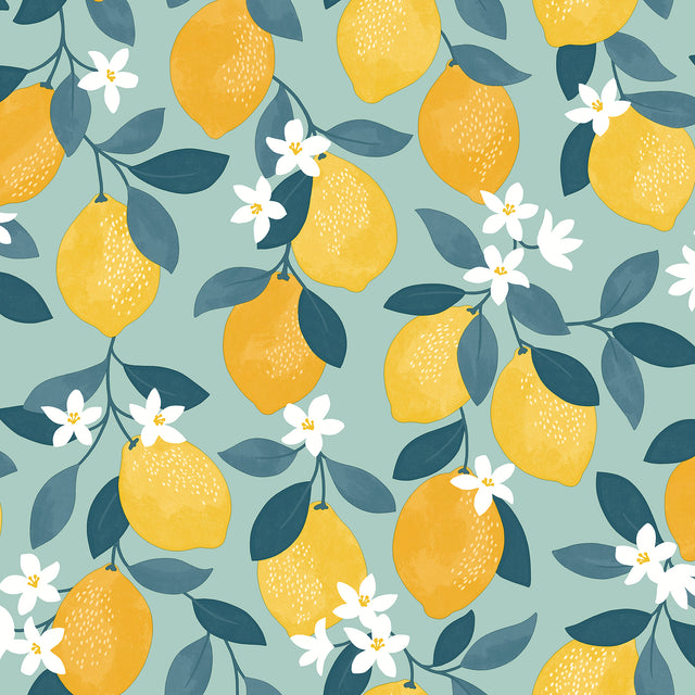 Fine Decor Inigo Seafoam Sicily Fruits Wallpaper FD43837, lemons on seafoam, 20.5 in x 33 ft roll