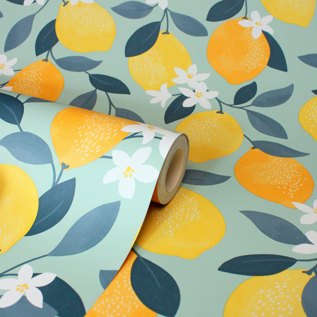 Inigo Sicily Fruits Seafoam by Fine Decor Botanical Fruit Wallpaper – Brewster Home Fashions FD43837