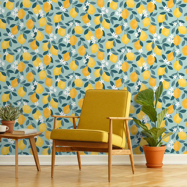 Inigo Sicily Fruits Seafoam by Fine Decor Botanical Fruit Wallpaper – Brewster Home Fashions FD43837