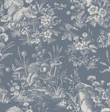 Fine Decor Eames Blue Forest Friends wallpaper roll in denim blue with white woodland animals and florals