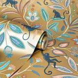 Kenzo Gold Monkey Walk by Fine Decor Animals Wallpaper – Brewster FD43841
