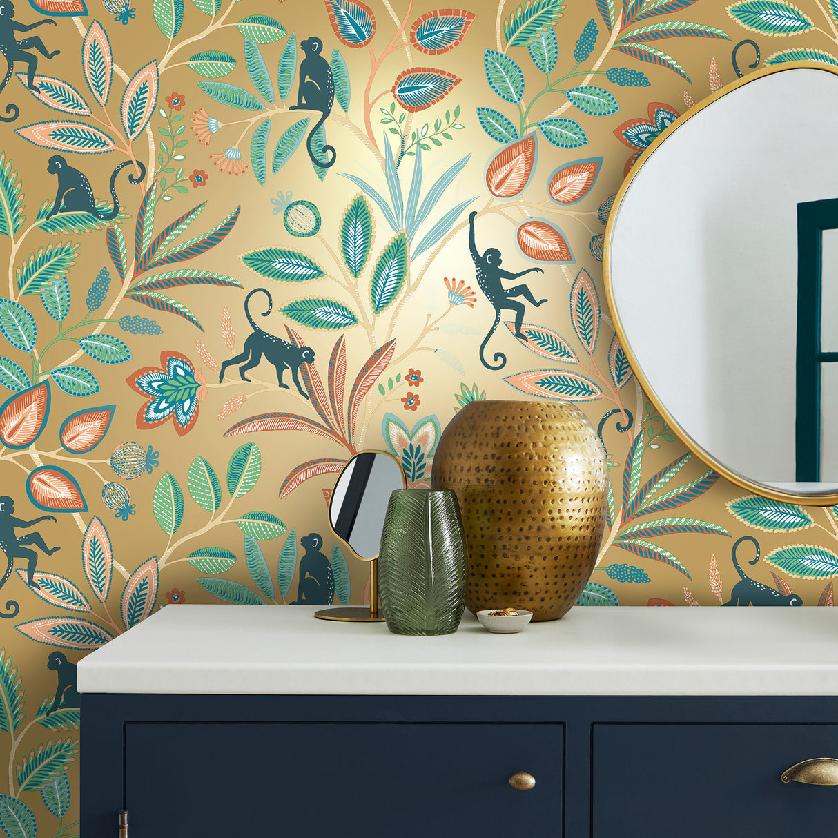 Kenzo Gold Monkey Walk by Fine Decor Animals Wallpaper – Brewster FD43841