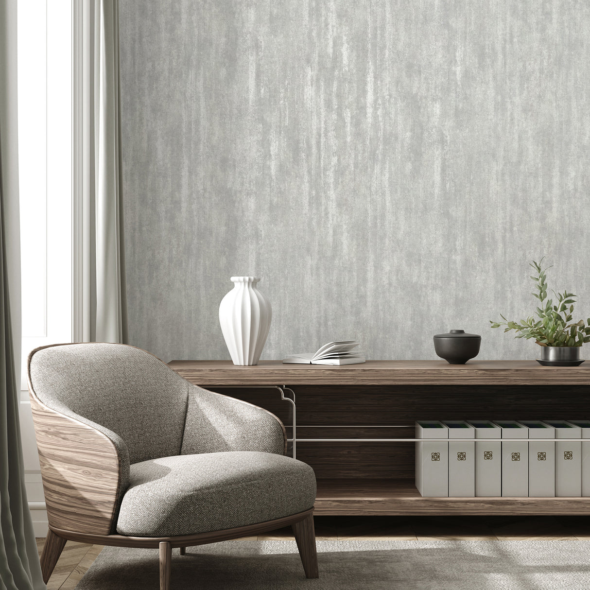 Olis Silver by Fine Decor Luxe Distressed Industrial Metallic Grey Texture Non Woven Unpasted Wallpaper 20.5-in x 33-ft - FD43937