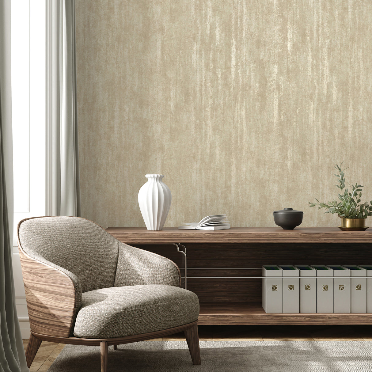 Olis Gold Luxe Distressed Industrial Texture Non Woven Wallpaper in Warm Beige and Taupe with Metallic Gold by Fine Decor - FD43938