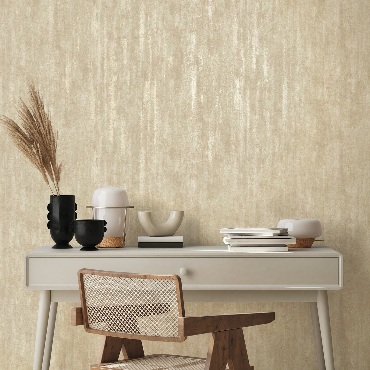 Olis Gold Luxe Distressed Industrial Texture Non Woven Wallpaper in Warm Beige and Taupe with Metallic Gold by Fine Decor - FD43938