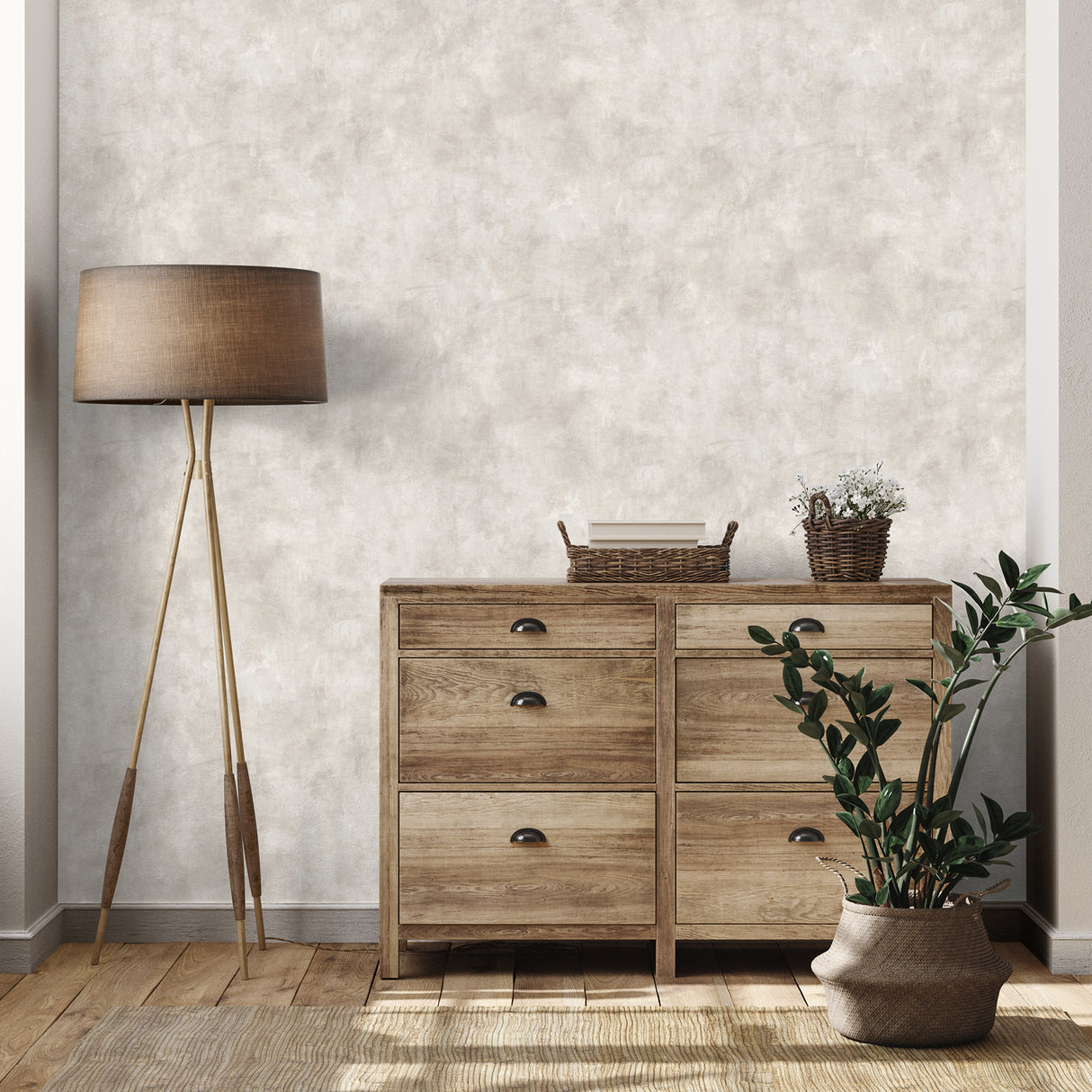 Godric Dove Soft Grey and Beige Limewash Plaster Wallpaper by Fine Decor Transitional Distressed Texture Washable Non Woven Sidewall - FD43939