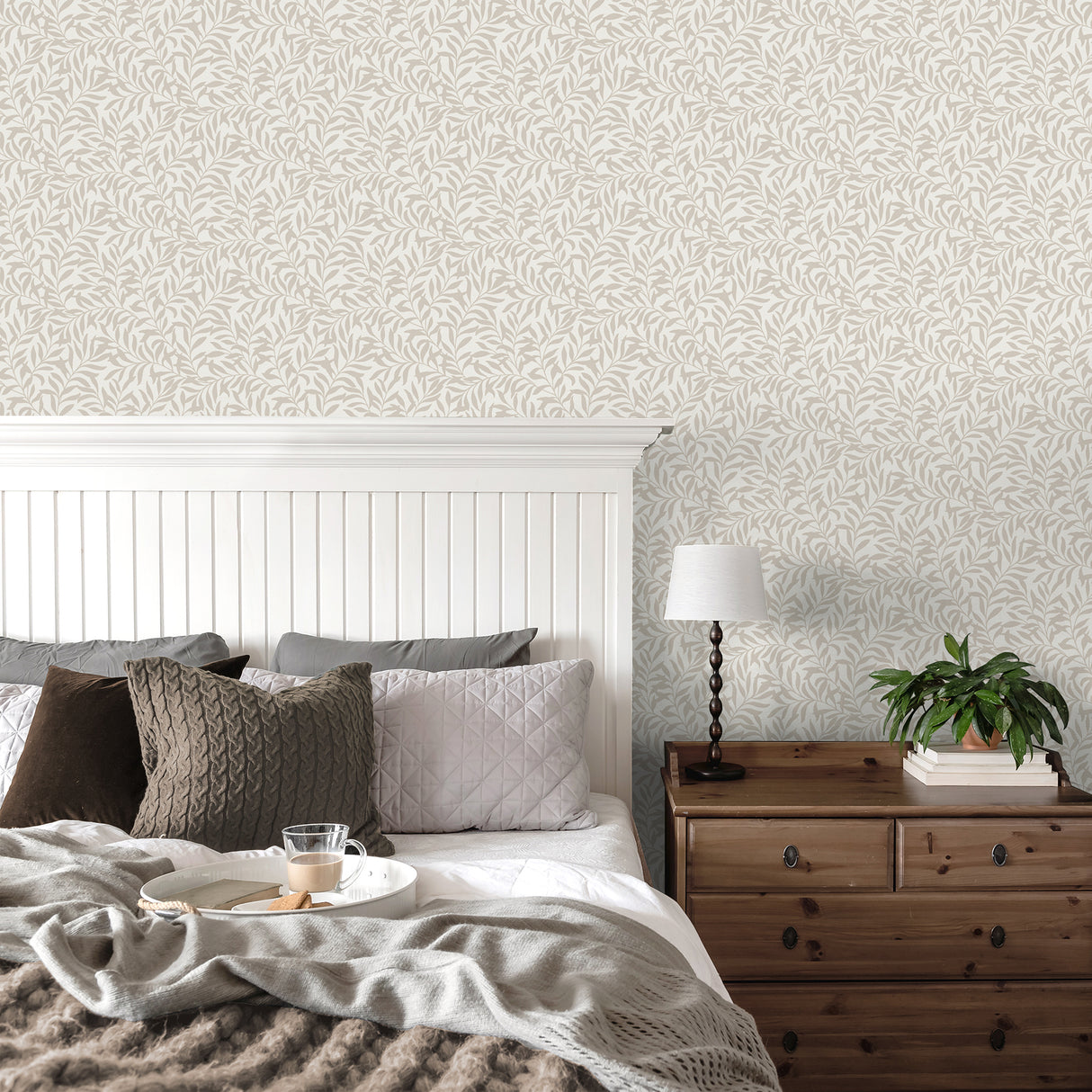Salix Light Brown Trailing Leaf Botanical Vine Wallpaper by Fine Decor Unpasted Non Woven Farmhouse Strippable Sidewall 20.5 In x 33 Ft - FD43944