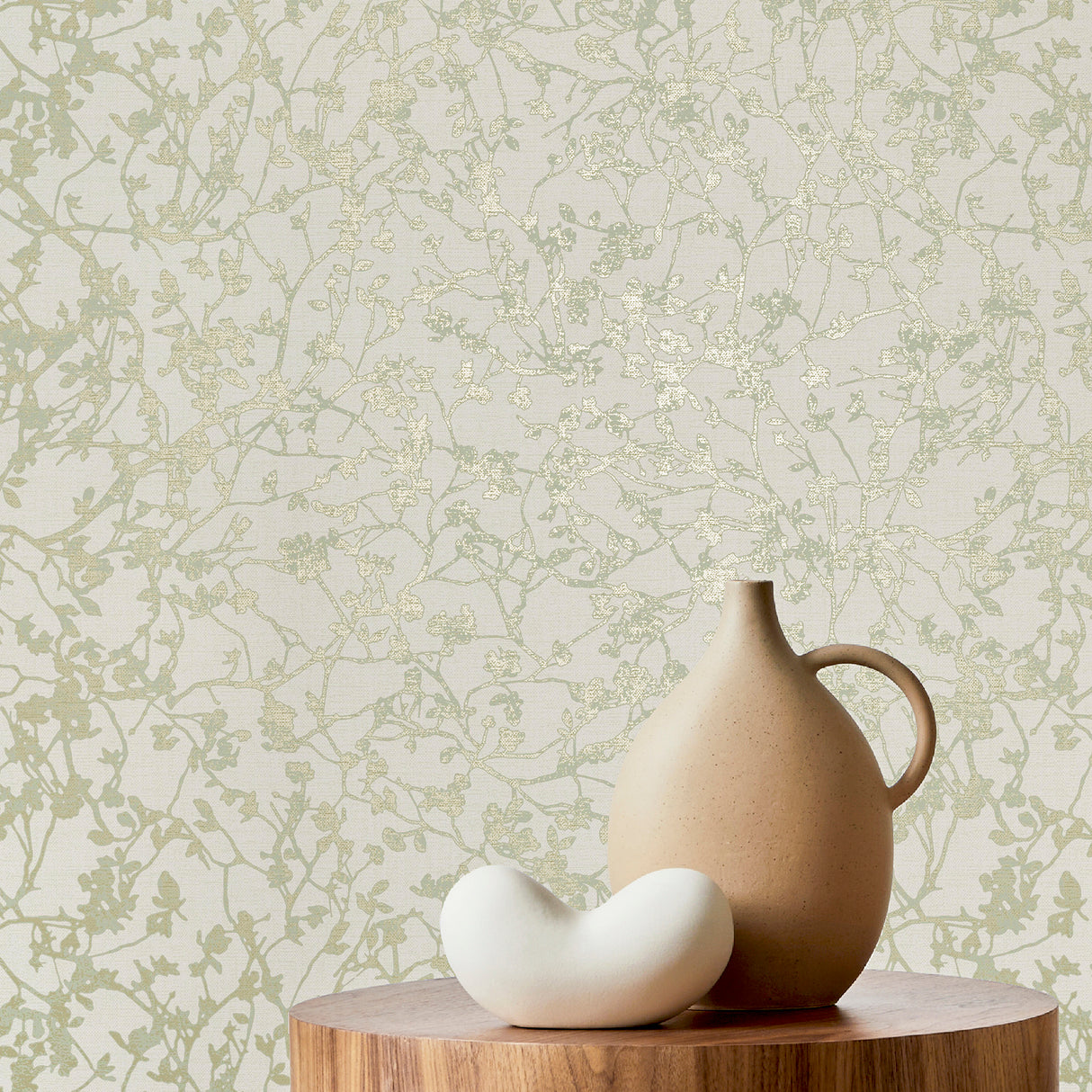 Jaya Moss Organic Sprig Non Woven Unpasted Wallpaper in Moss Green and Cream by Fine Decor Botanical Branch Pattern - FD43945