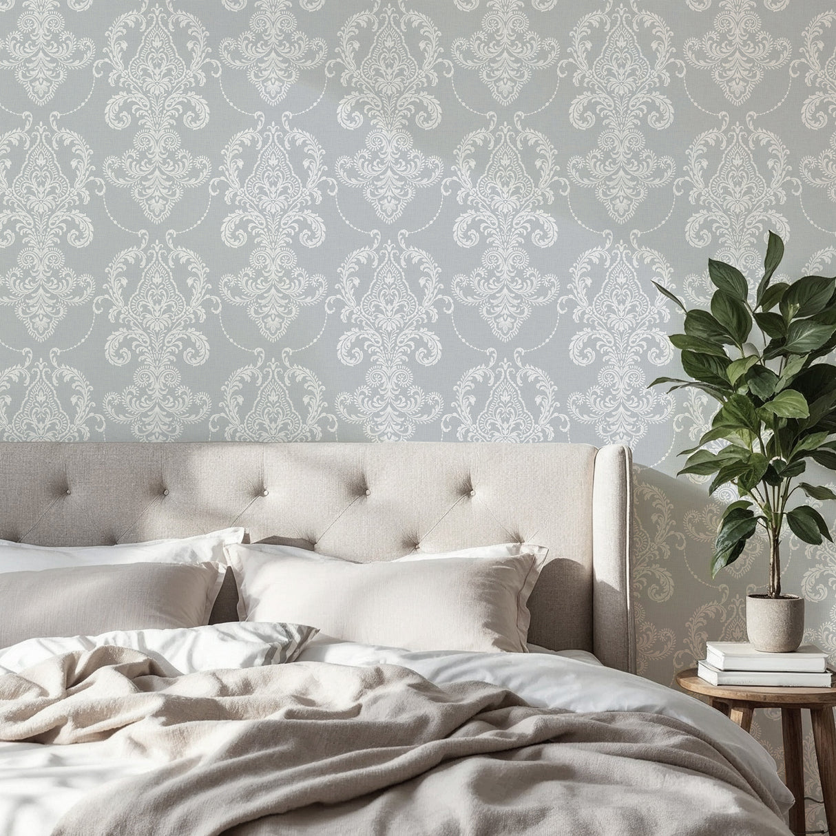 Valda Slate Embroidered Damask Wallpaper by Fine Decor Non Woven Unpasted Roll 20.5 in x 33 ft Washable Strippable - FD43951