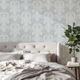 Valda Slate Embroidered Damask Wallpaper by Fine Decor Non Woven Unpasted Roll 20.5 in x 33 ft Washable Strippable - FD43951