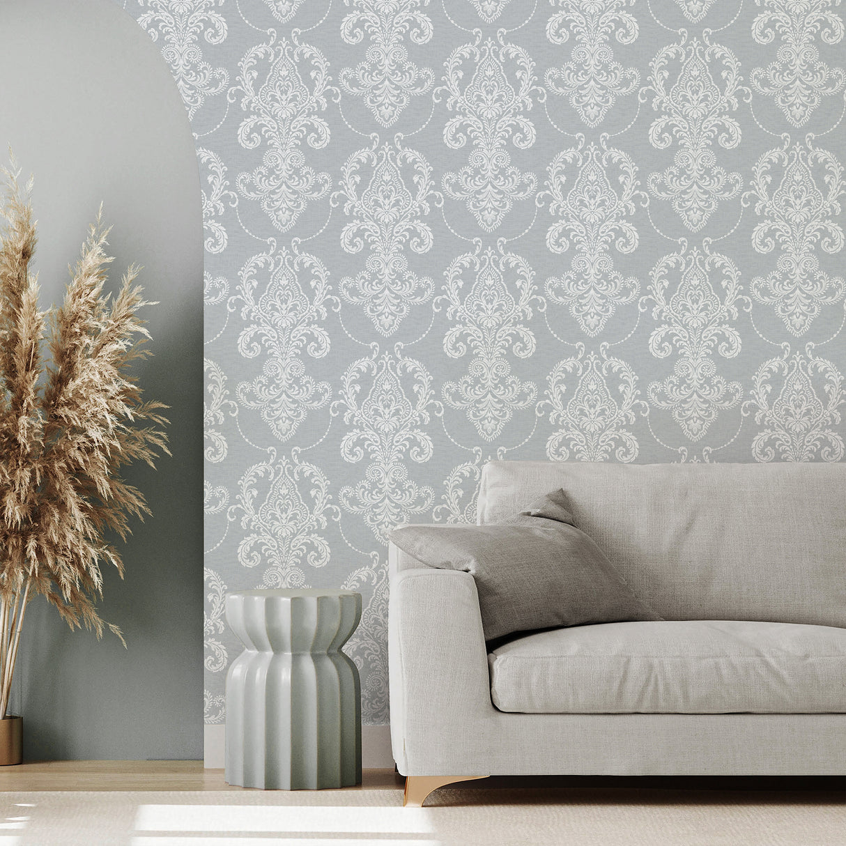 Valda Slate Embroidered Damask Wallpaper by Fine Decor Non Woven Unpasted Roll 20.5 in x 33 ft Washable Strippable - FD43951