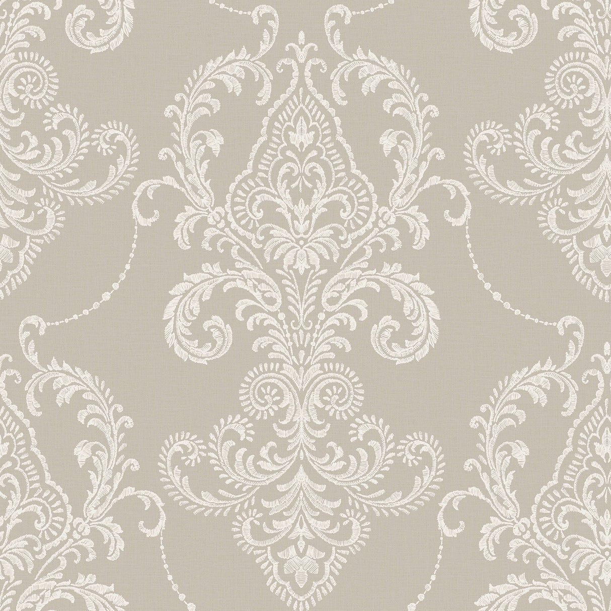 Valda Taupe Embroidered Damask Wallpaper by Fine Decor - FD43952