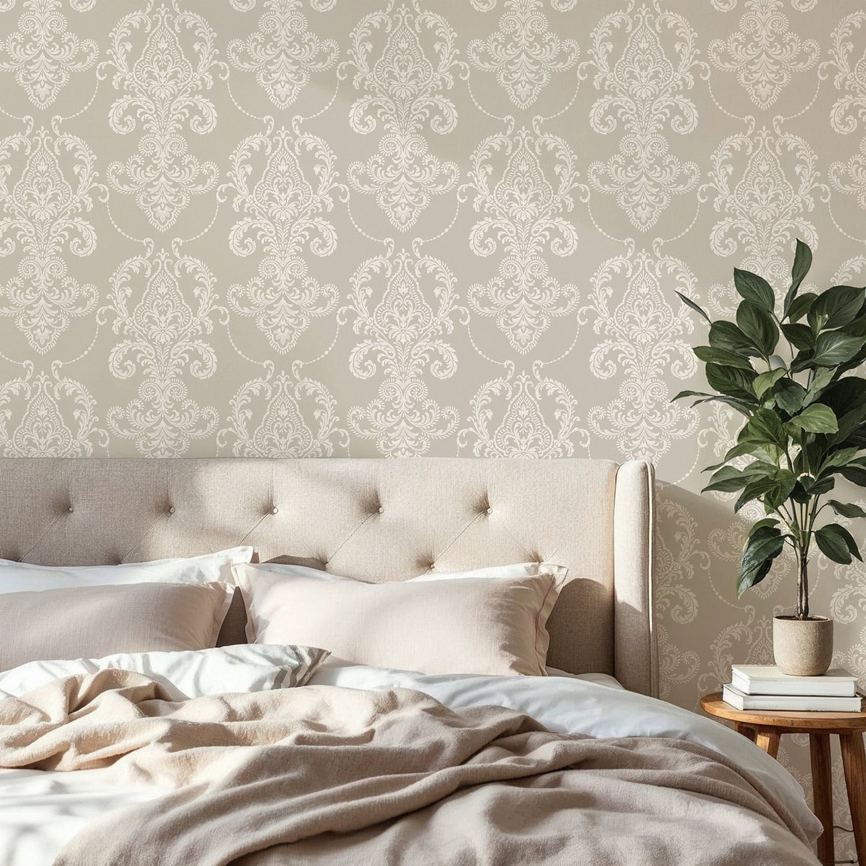 Valda Taupe and Ivory Embroidered Damask Wallpaper by Fine Decor Classic Botanical Beaded Scrollwork Non Woven Unpasted Sidewall Roll - FD43952