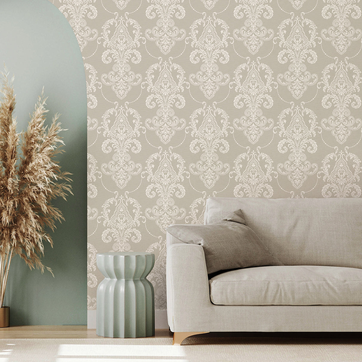 Valda Taupe and Ivory Embroidered Damask Wallpaper by Fine Decor Classic Botanical Beaded Scrollwork Non Woven Unpasted Sidewall Roll - FD43952