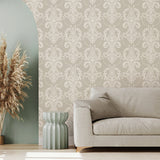Valda Taupe and Ivory Embroidered Damask Wallpaper by Fine Decor Classic Botanical Beaded Scrollwork Non Woven Unpasted Sidewall Roll - FD43952