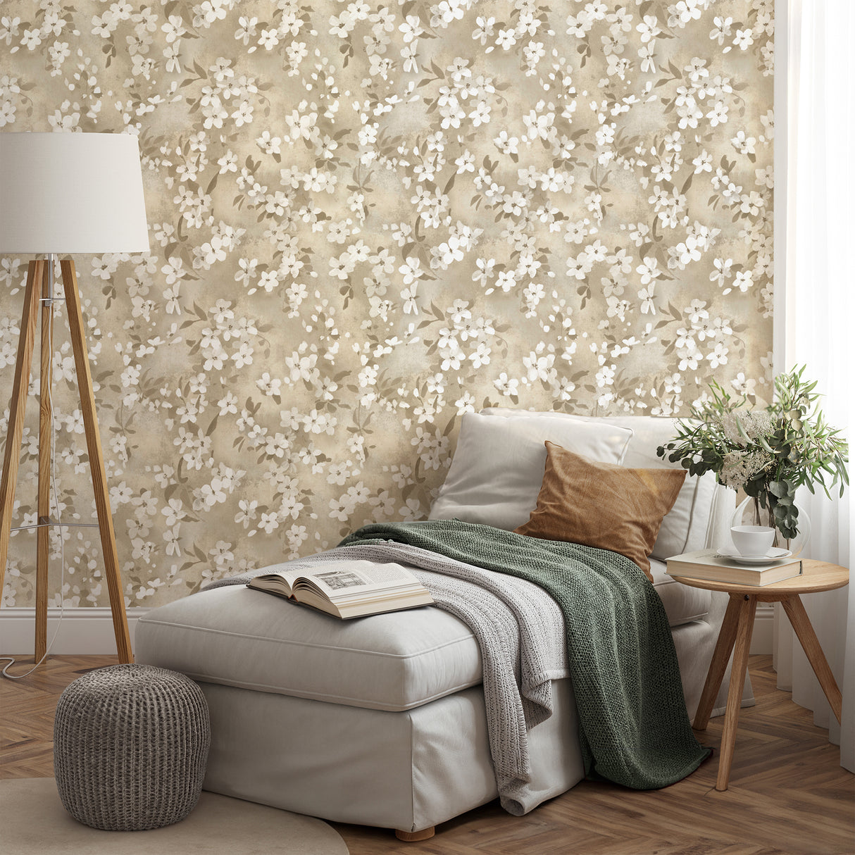 Briella Neutral Blossom by Fine Decor Farmhouse Botanical Floral Non Woven Unpasted Washable Strippable Sidewall Wallpaper 20.5-in x 33-ft - FD43954