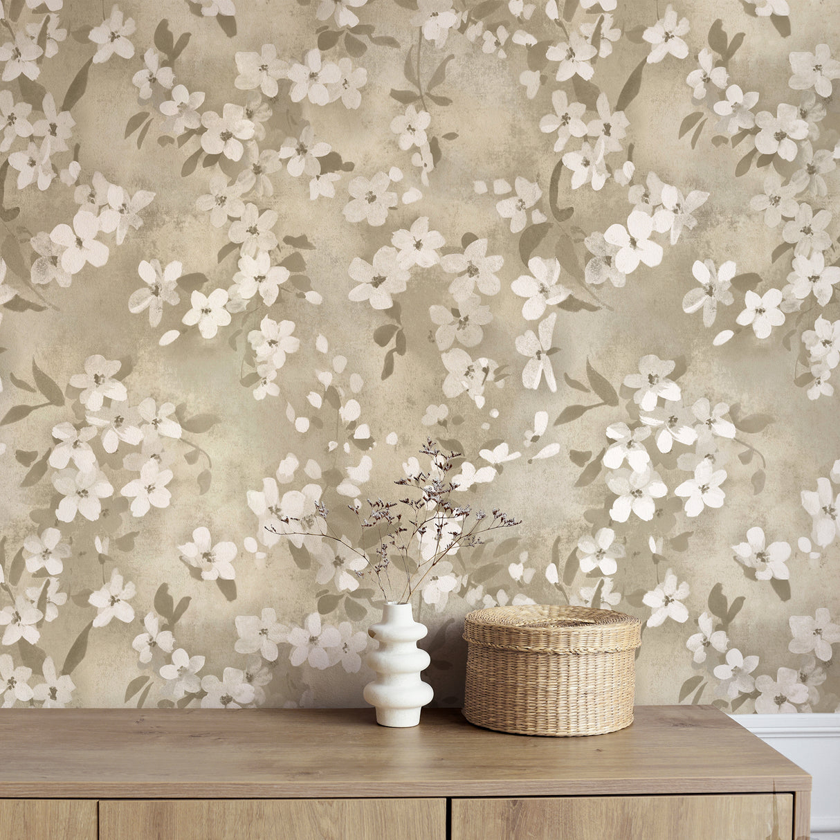 Briella Neutral Blossom by Fine Decor Farmhouse Botanical Floral Non Woven Unpasted Washable Strippable Sidewall Wallpaper 20.5-in x 33-ft - FD43954