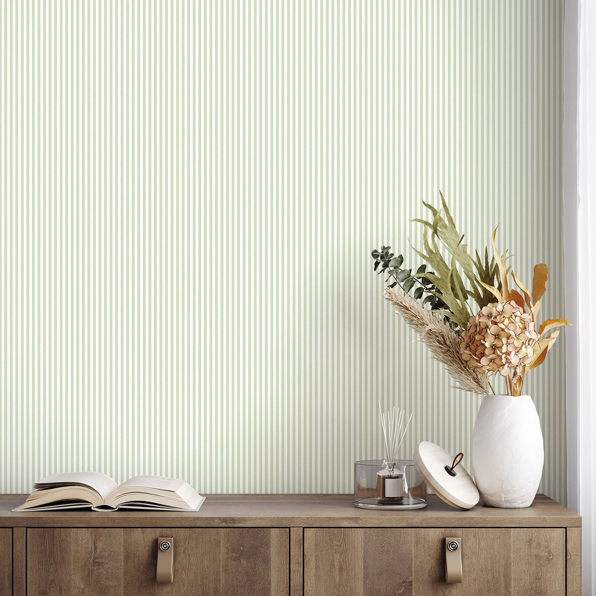 Ticking Mini Stripe Green by Fine Decor Classic Vertical Stripe Non Woven Unpasted Washable Strippable Wallpaper - FD43957