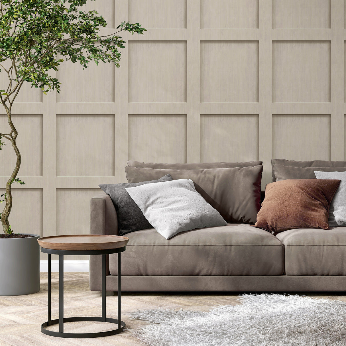 Wyatt Neutral Square Panel by Fine Decor Photorealistic Soft Brown Wood Paneling Non Woven Unpasted Washable and Strippable Wallpaper - FD43961