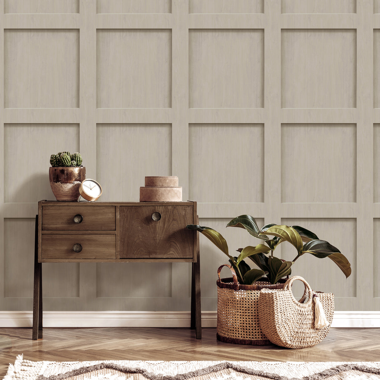 Wyatt Neutral Square Panel by Fine Decor Photorealistic Soft Brown Wood Paneling Non Woven Unpasted Washable and Strippable Wallpaper - FD43961