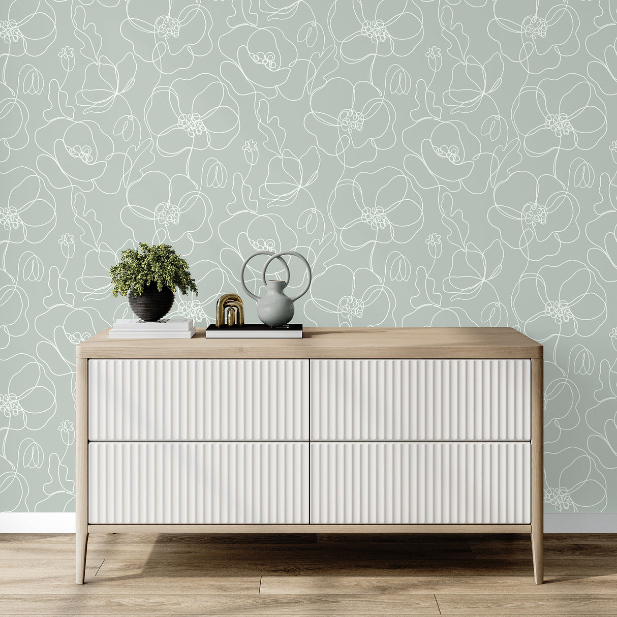 Cyrene Sage Linear Floral Wallpaper by Fine Decor Modern Abstract Non Woven Unpasted Strippable Wallpaper from the Medley Collection - FD43965