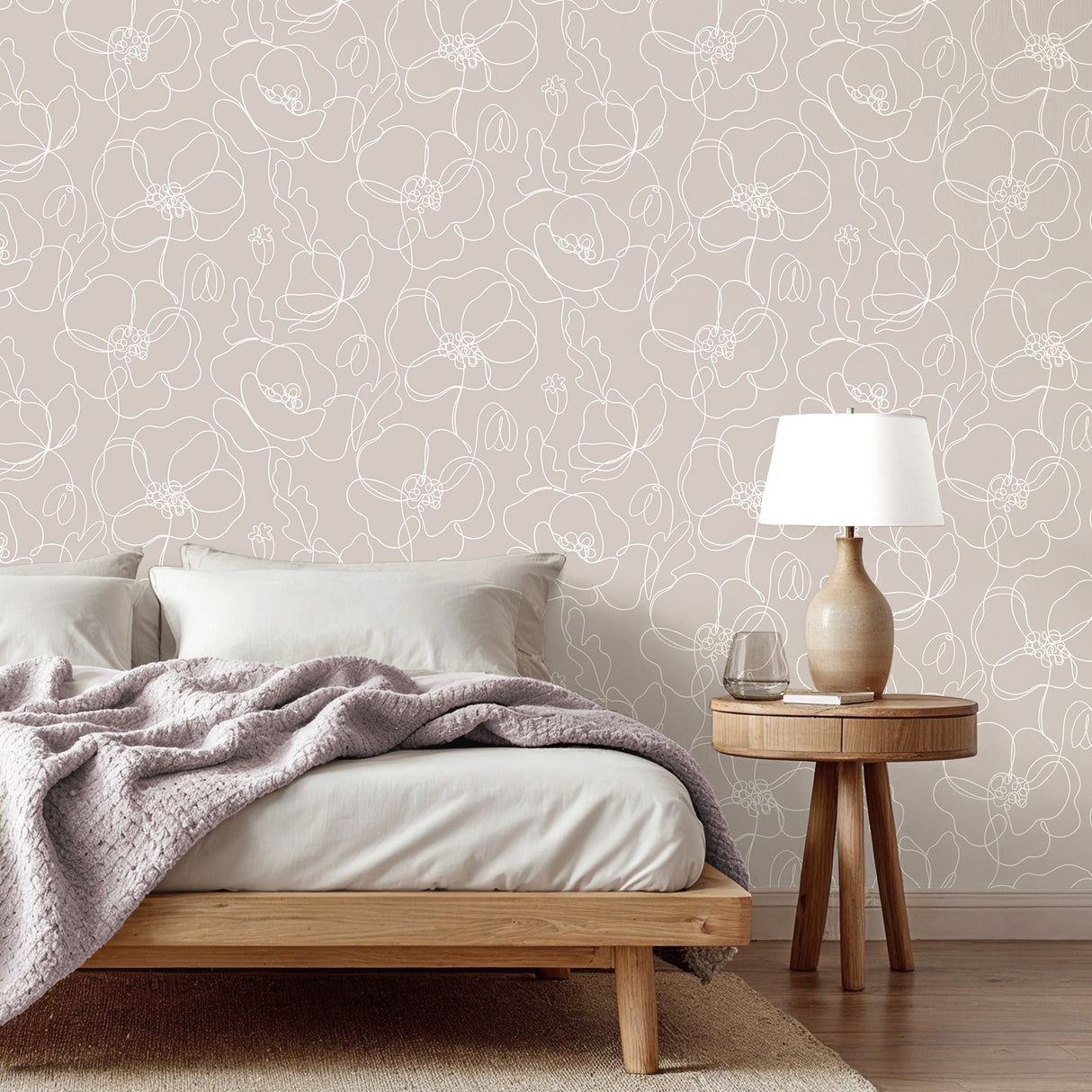 Cyrene Blush by Fine Decor Modern Linear Floral Abstract White Continuous Single-Line Art Non Woven Unpasted Wallpaper Roll - FD43966