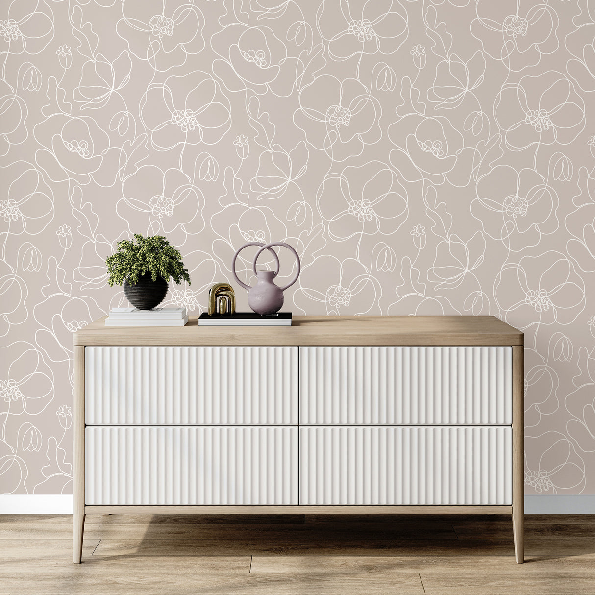 Cyrene Blush by Fine Decor Modern Linear Floral Abstract White Continuous Single-Line Art Non Woven Unpasted Wallpaper Roll - FD43966